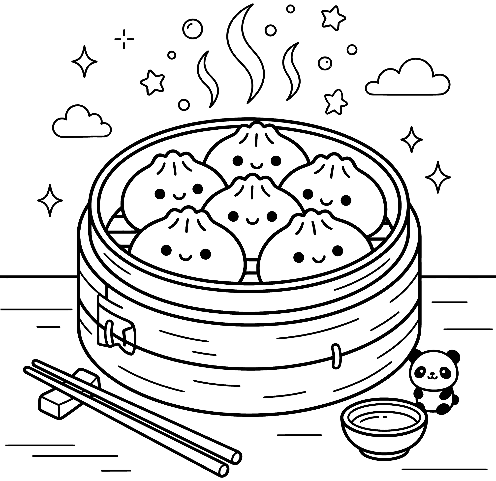 Dumplings coloring page — a bamboo steamer full of dumplings with chopsticks