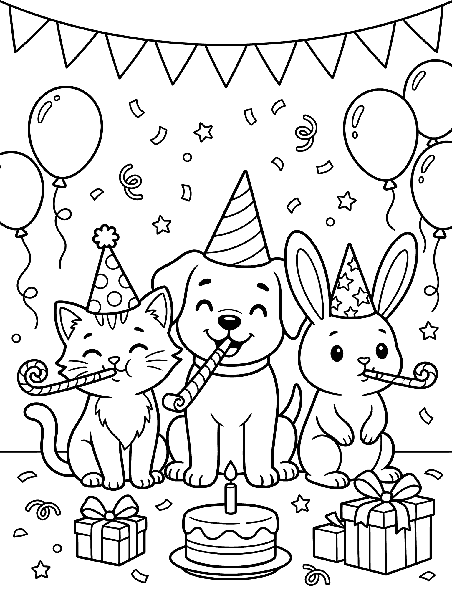 Animal New Year Party coloring page — cute animals wearing party hats blowing party horns