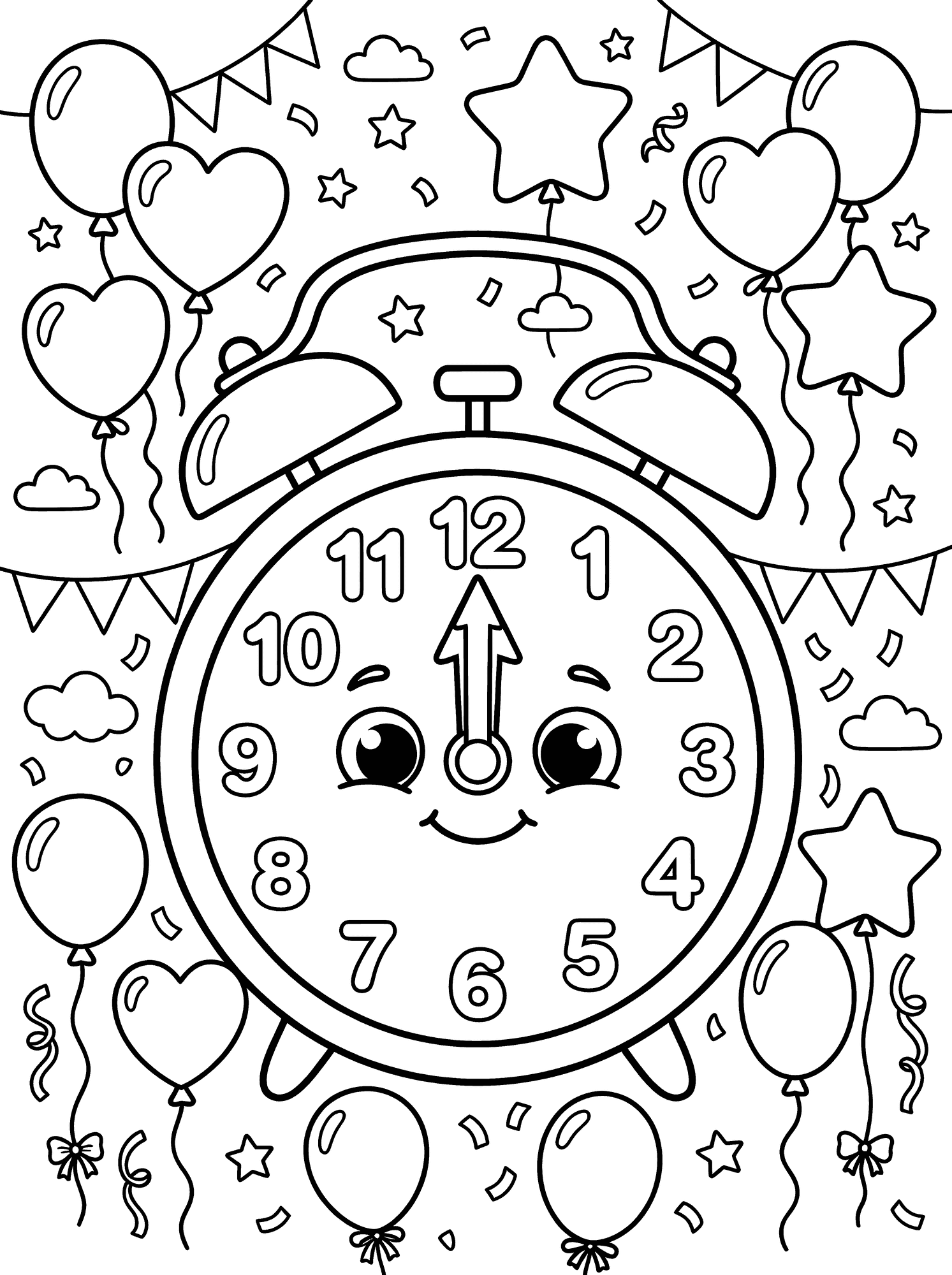 Midnight Clock coloring page — a big clock with both hands at twelve, surrounded by balloons