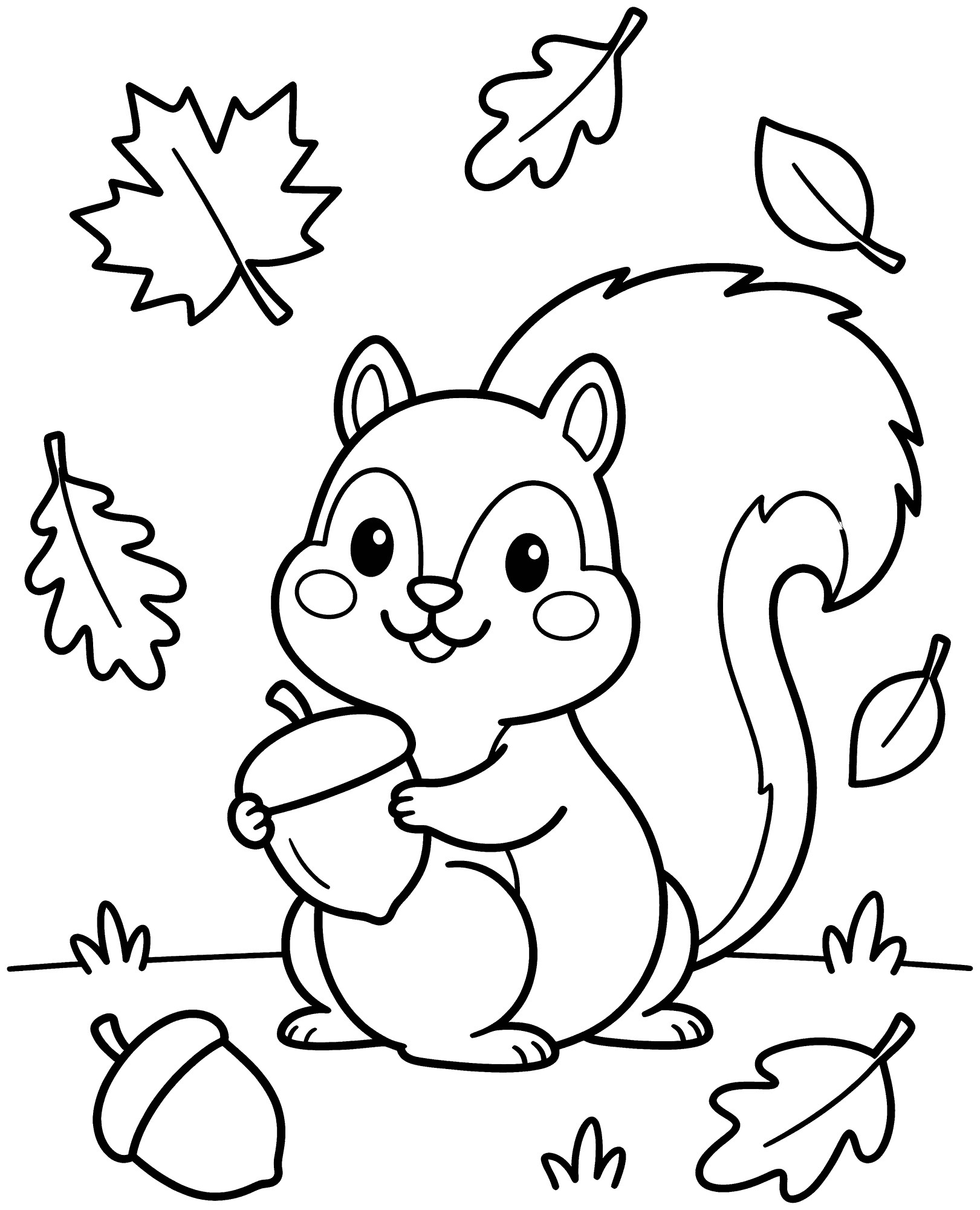 Squirrel with Acorns coloring page — a cute squirrel holding acorns among falling autumn leaves