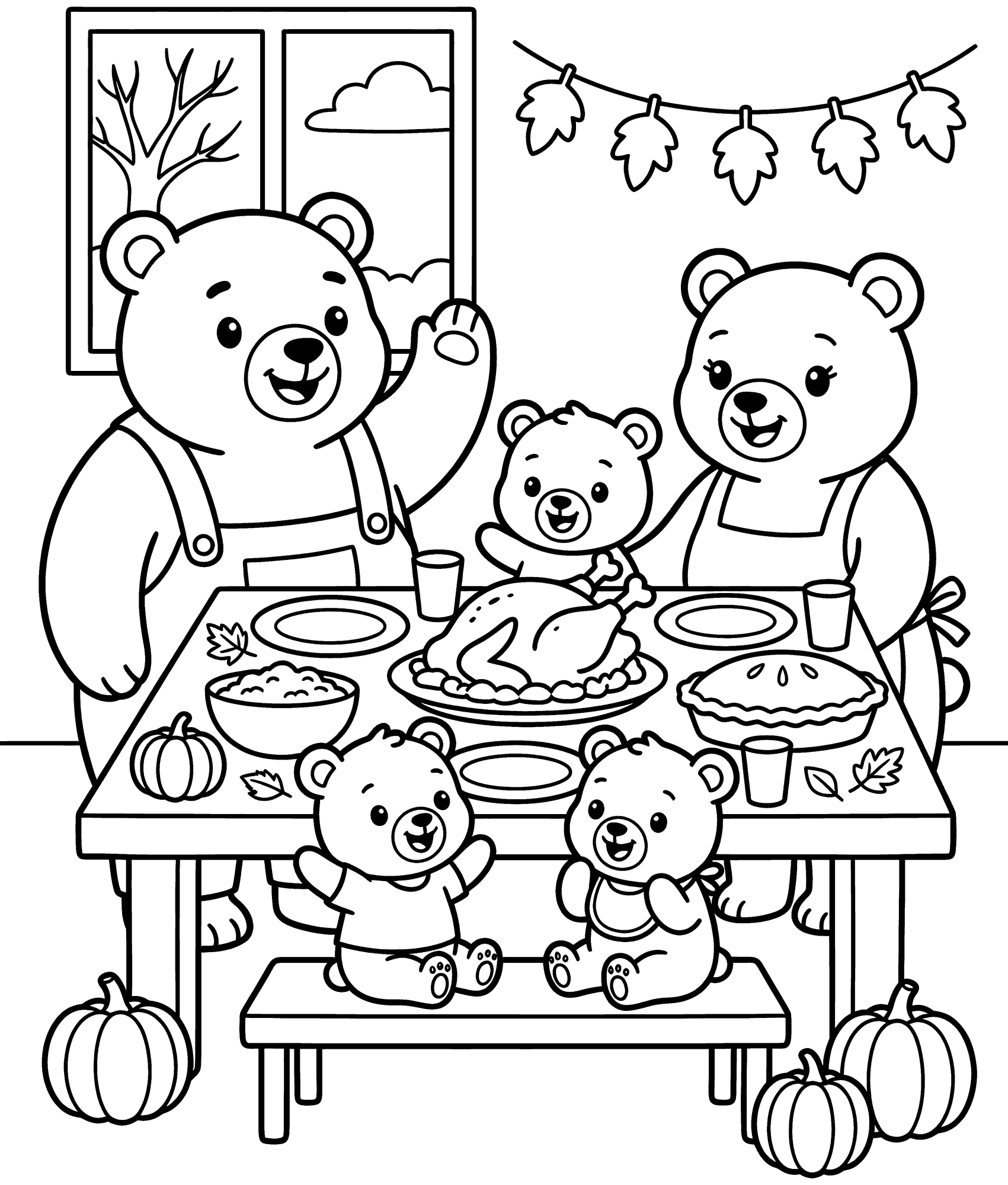 Bear Family Thanksgiving coloring page — a family of cute bears sharing a Thanksgiving feast