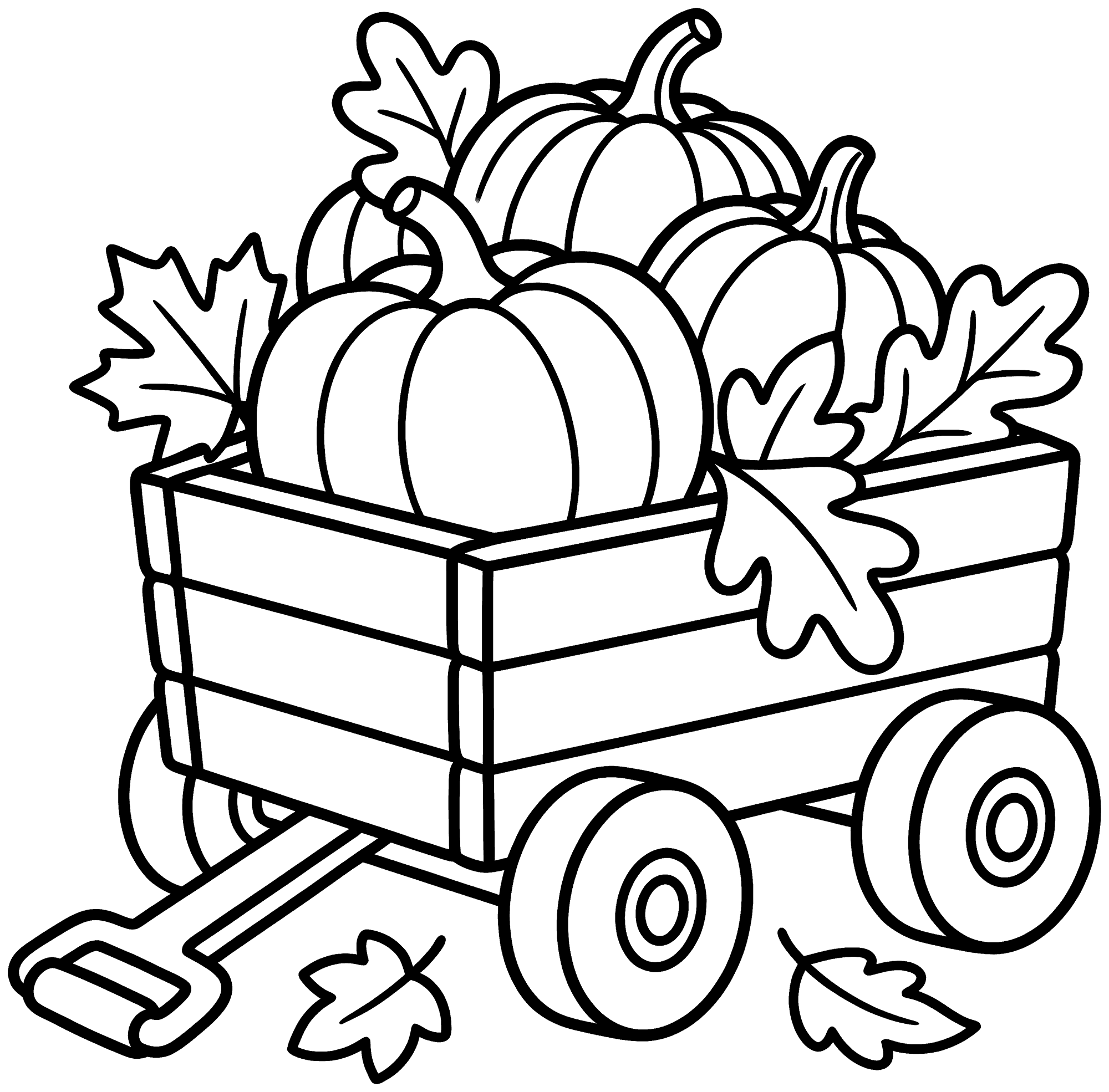 Pumpkin Wagon coloring page — a little wooden wagon full of pumpkins and autumn leaves