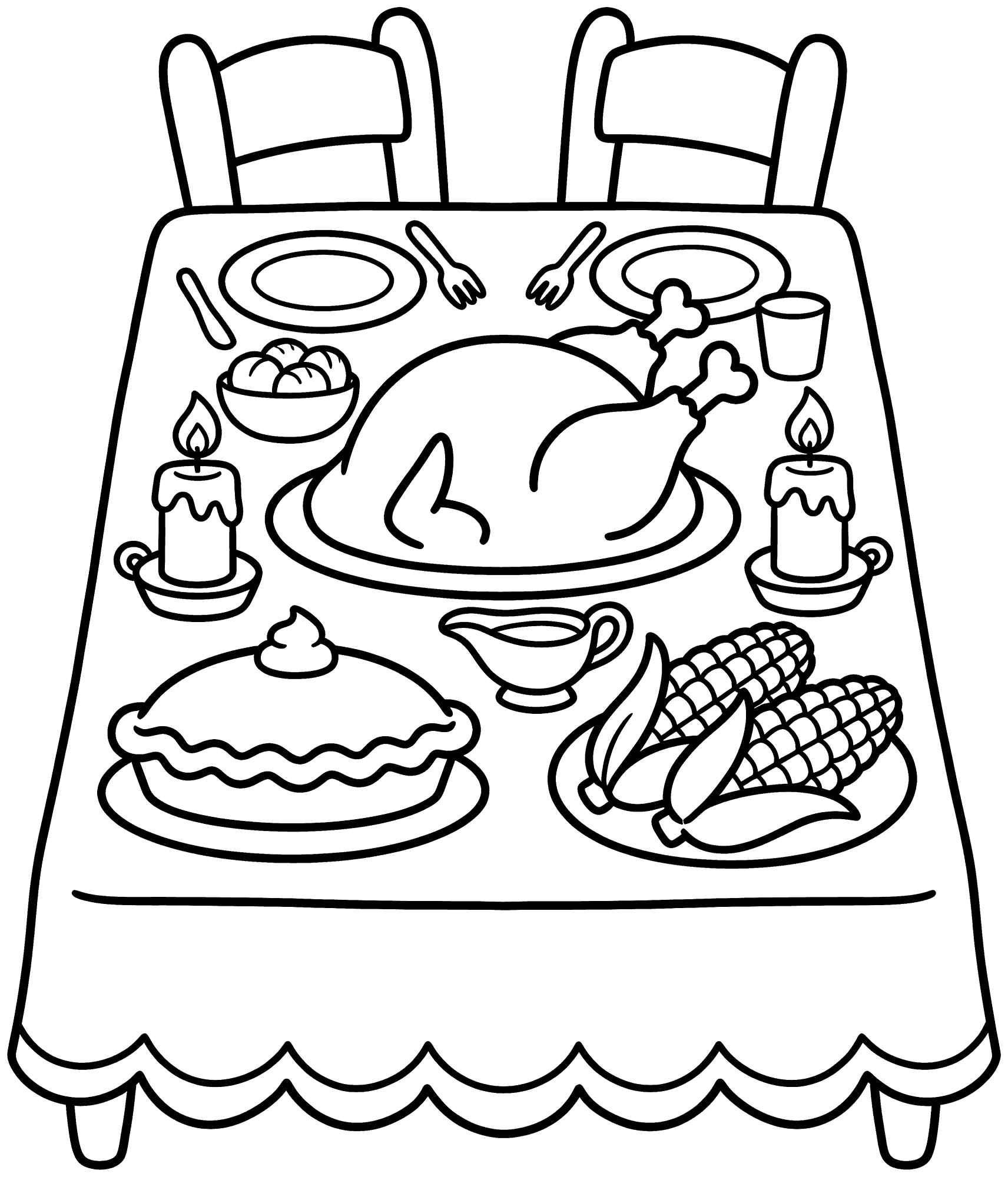 Thanksgiving Dinner coloring page — a Thanksgiving dinner table with a roast turkey, pie, corn and candles