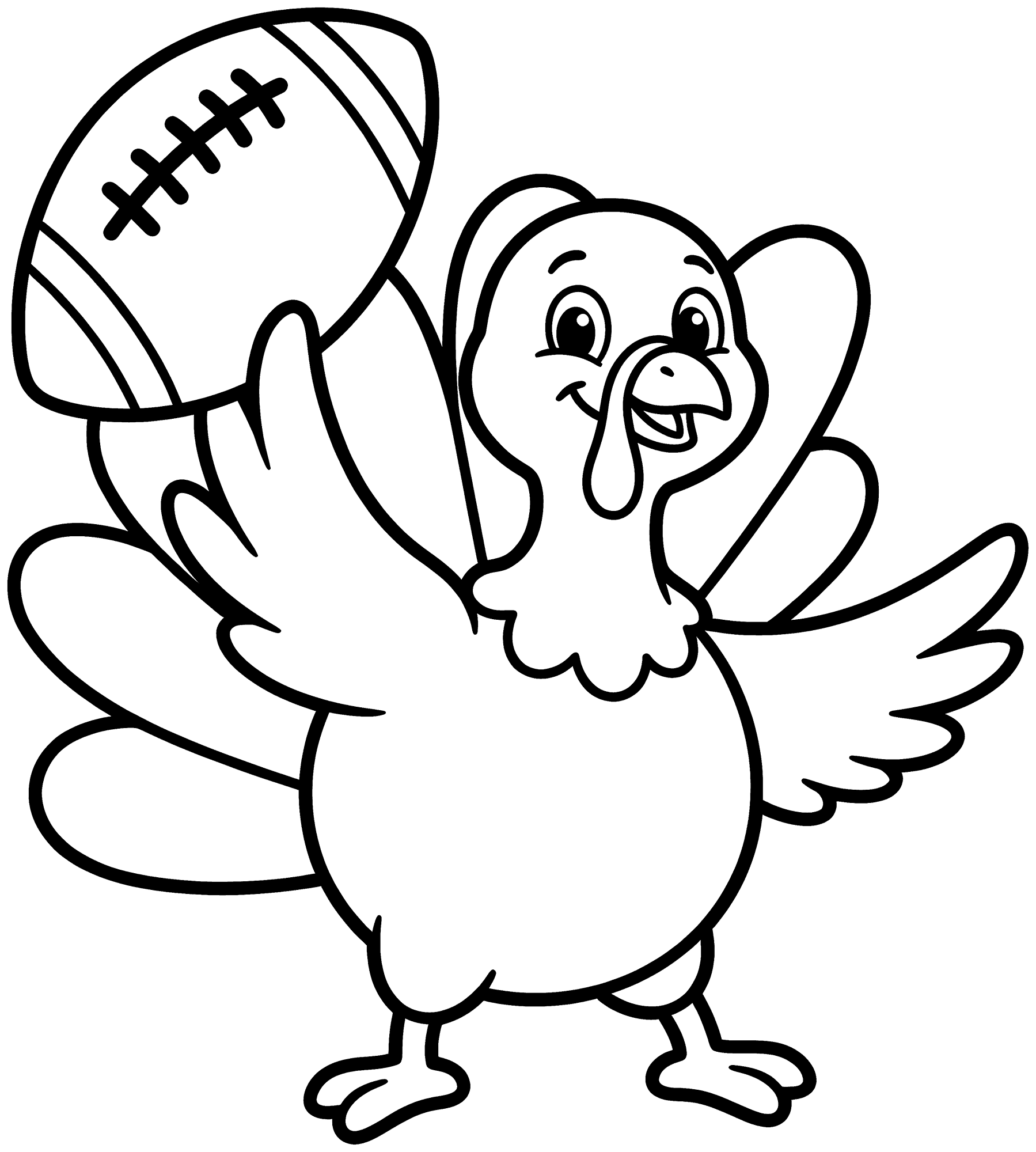 Turkey Playing Football coloring page — a cartoon turkey throwing a football