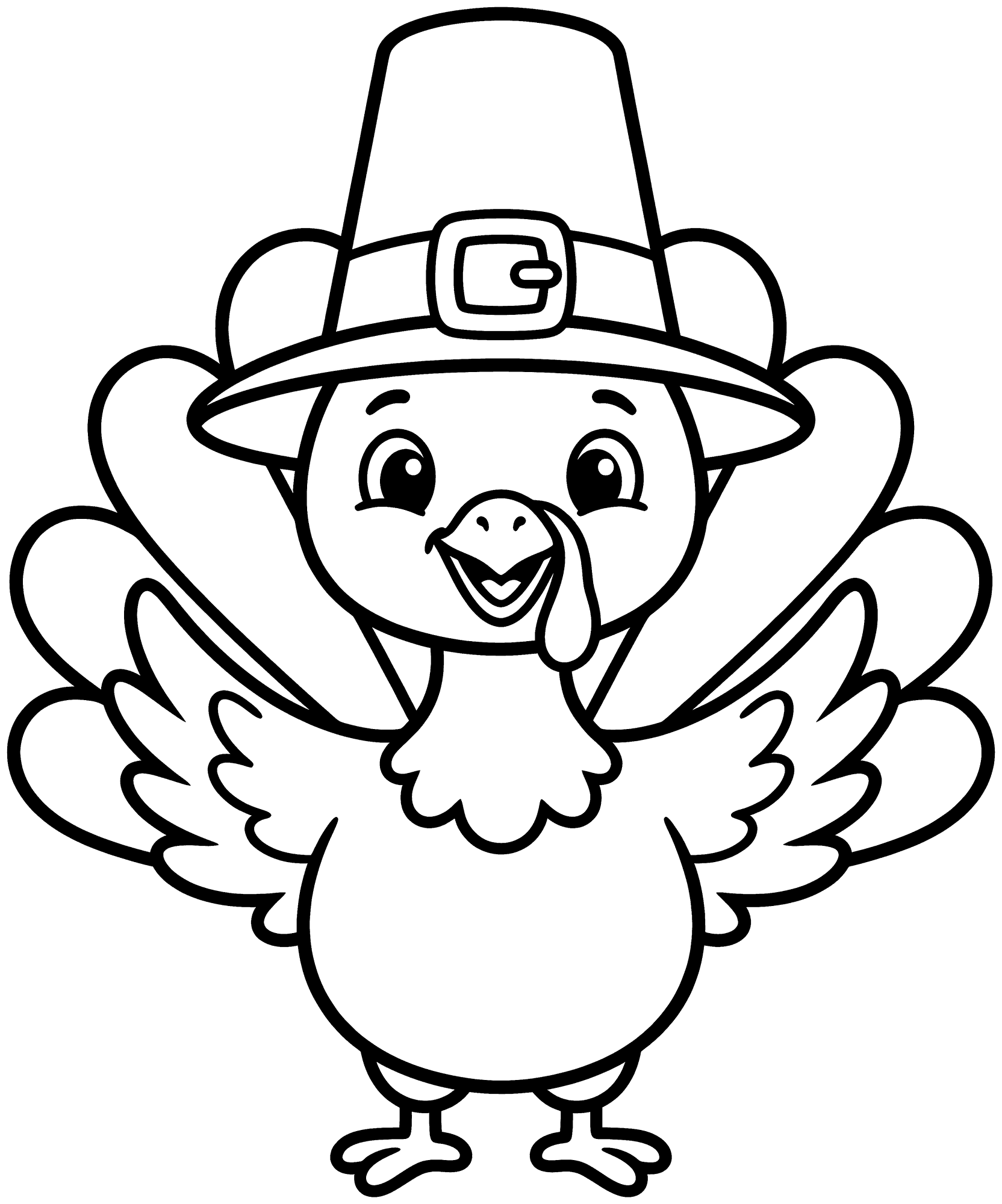 Turkey in a Pilgrim Hat coloring page — a happy turkey wearing a pilgrim hat