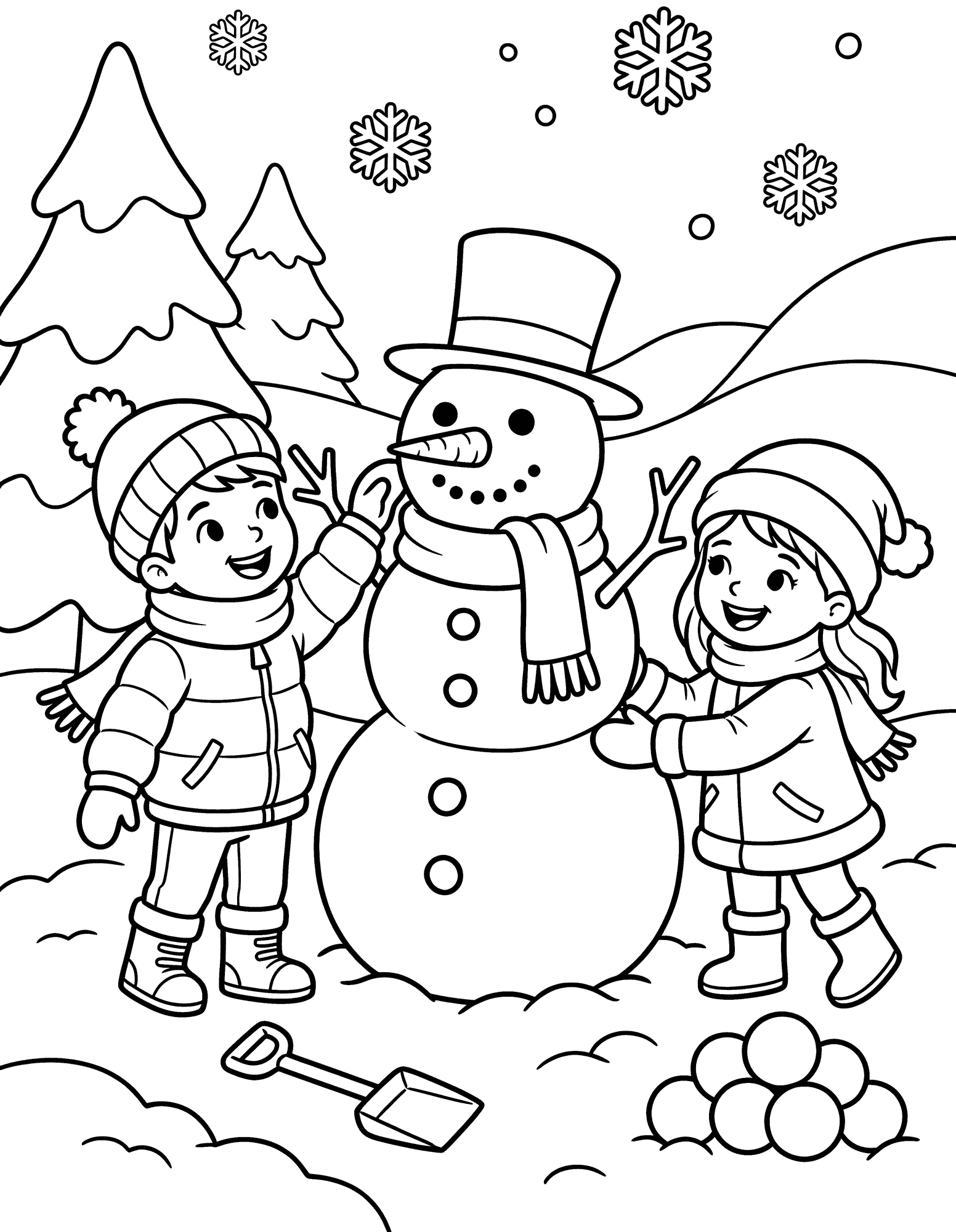 Building a Snowman coloring page