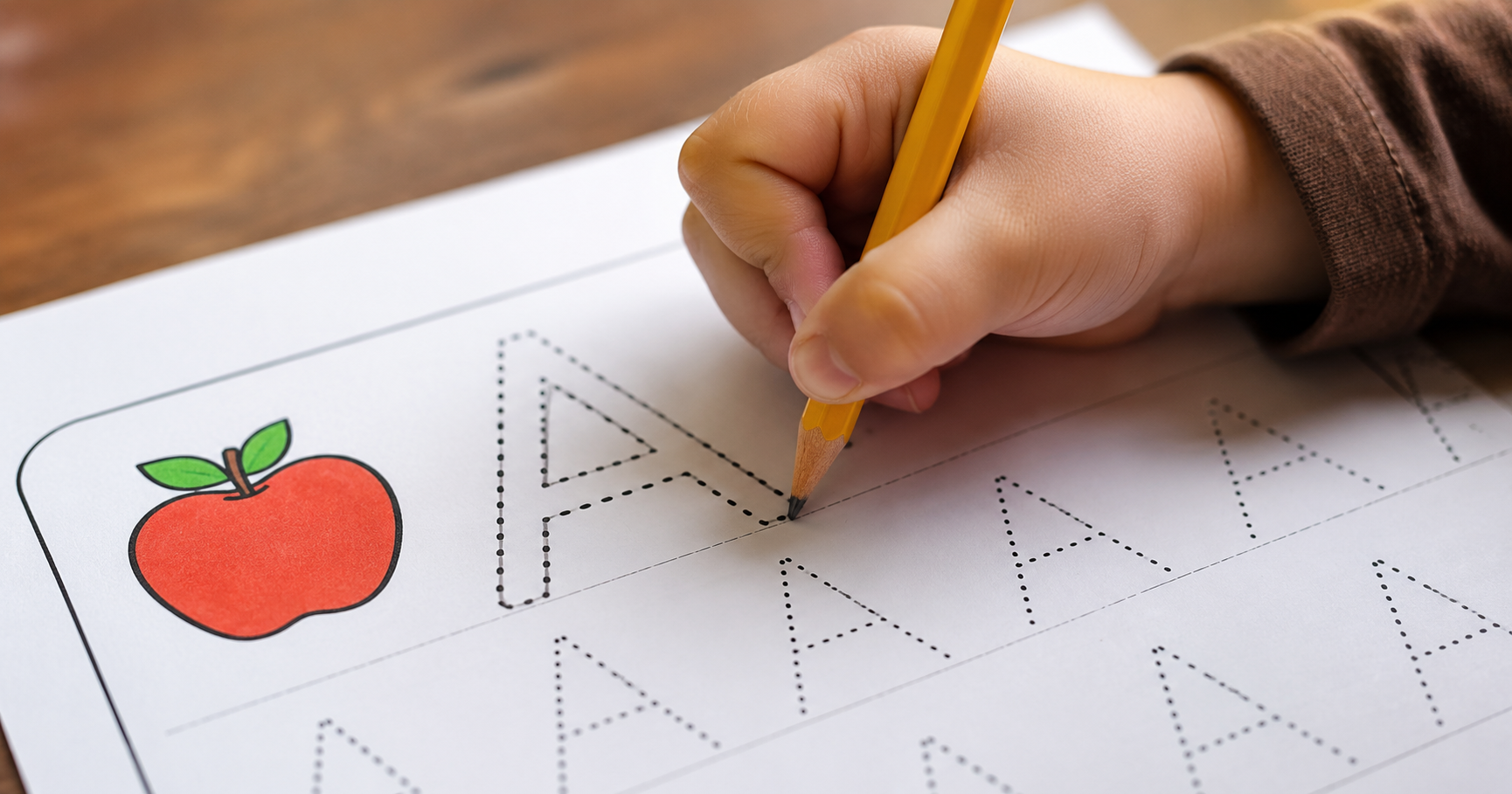 Close-up of a child's hand tracing dotted letter A on a bright worksheet with an apple illustration beside it