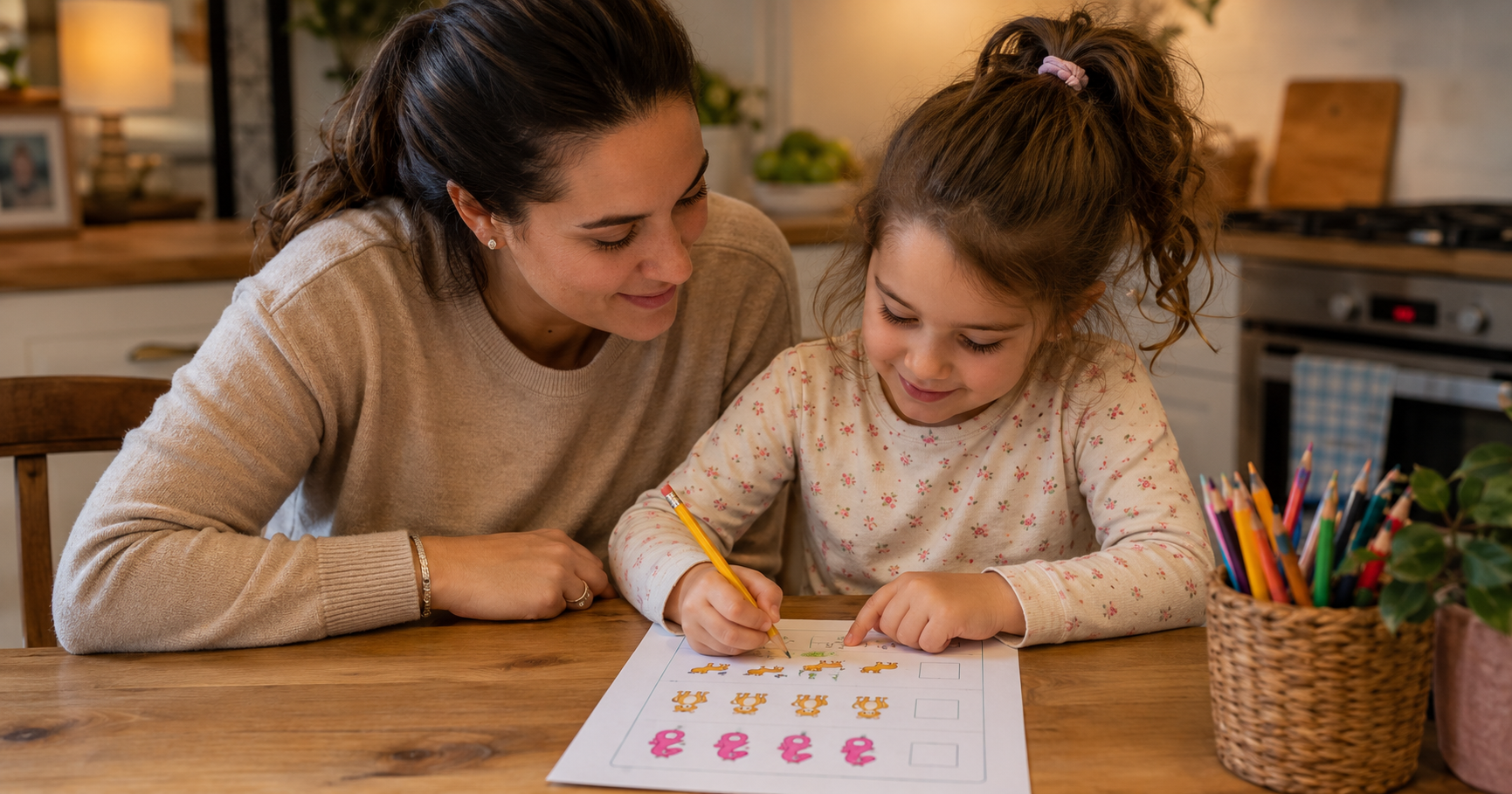 A parent sitting beside a young child at a kitchen table, both working through a printed counting worksheet together