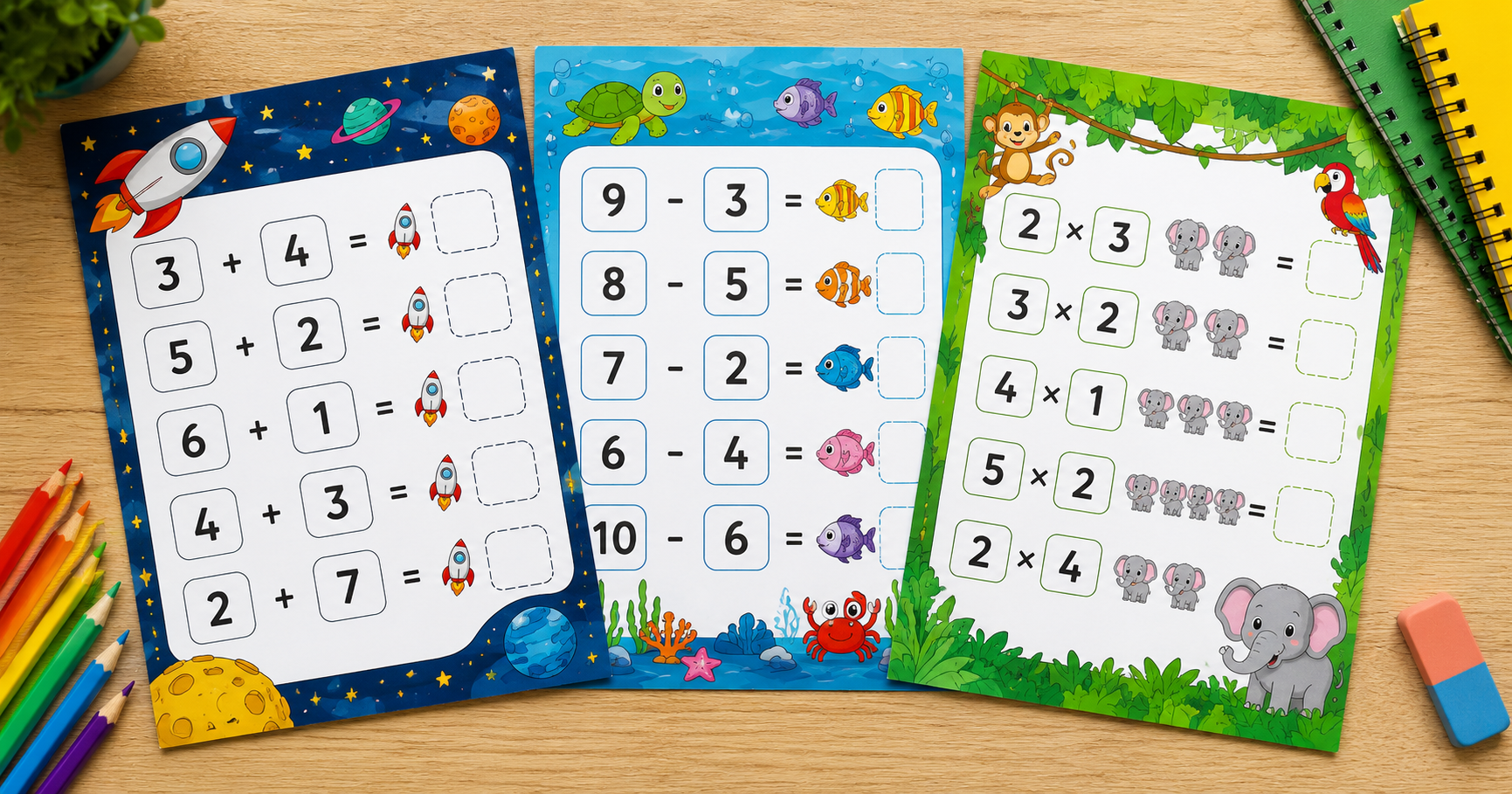 Three colorful math worksheets with space rockets, ocean fish, and jungle animal themes fanned out on a wooden desk