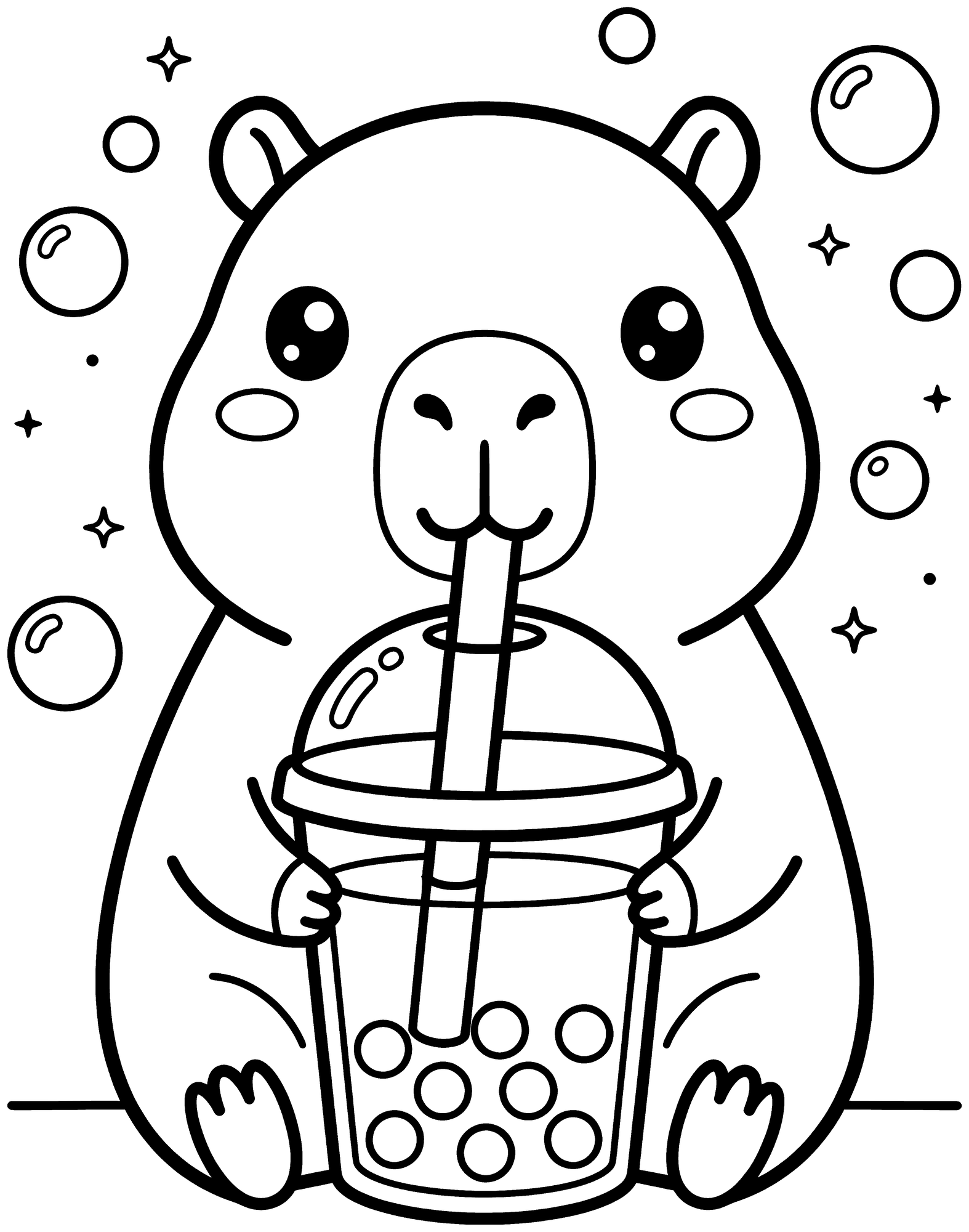 Capybara with Bubble Tea coloring page — a kawaii capybara drinking bubble tea