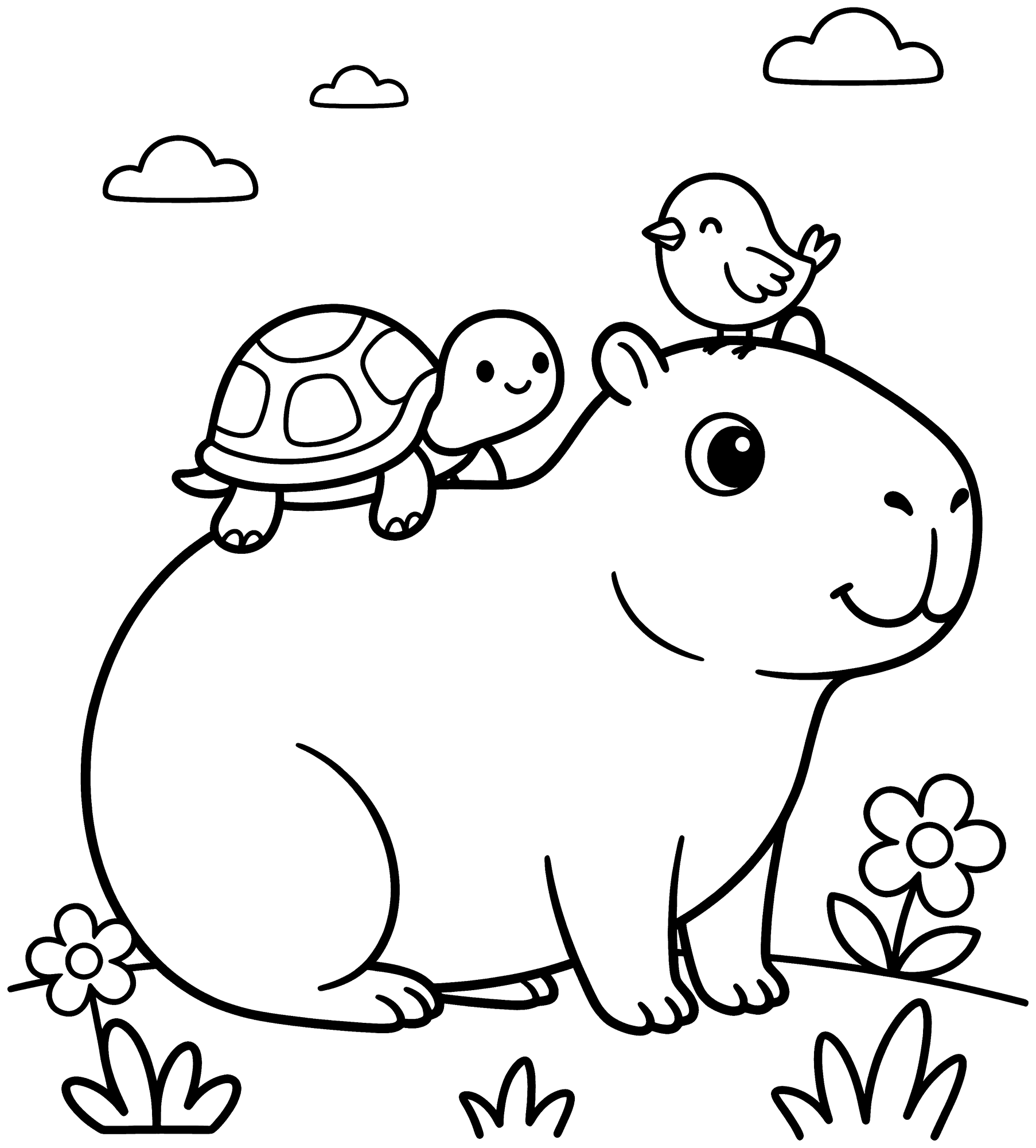 Capybara and Friends coloring page — a capybara with a bird and a turtle sitting on its back