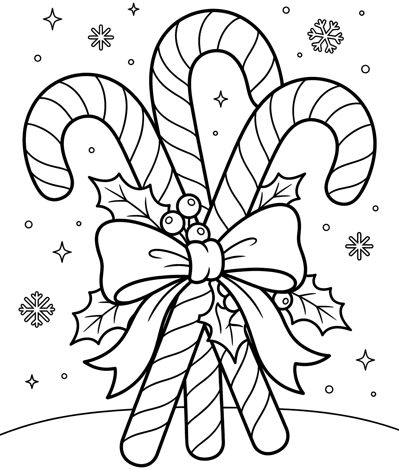 Candy Canes coloring page — three candy canes tied with a ribbon and holly leaves
