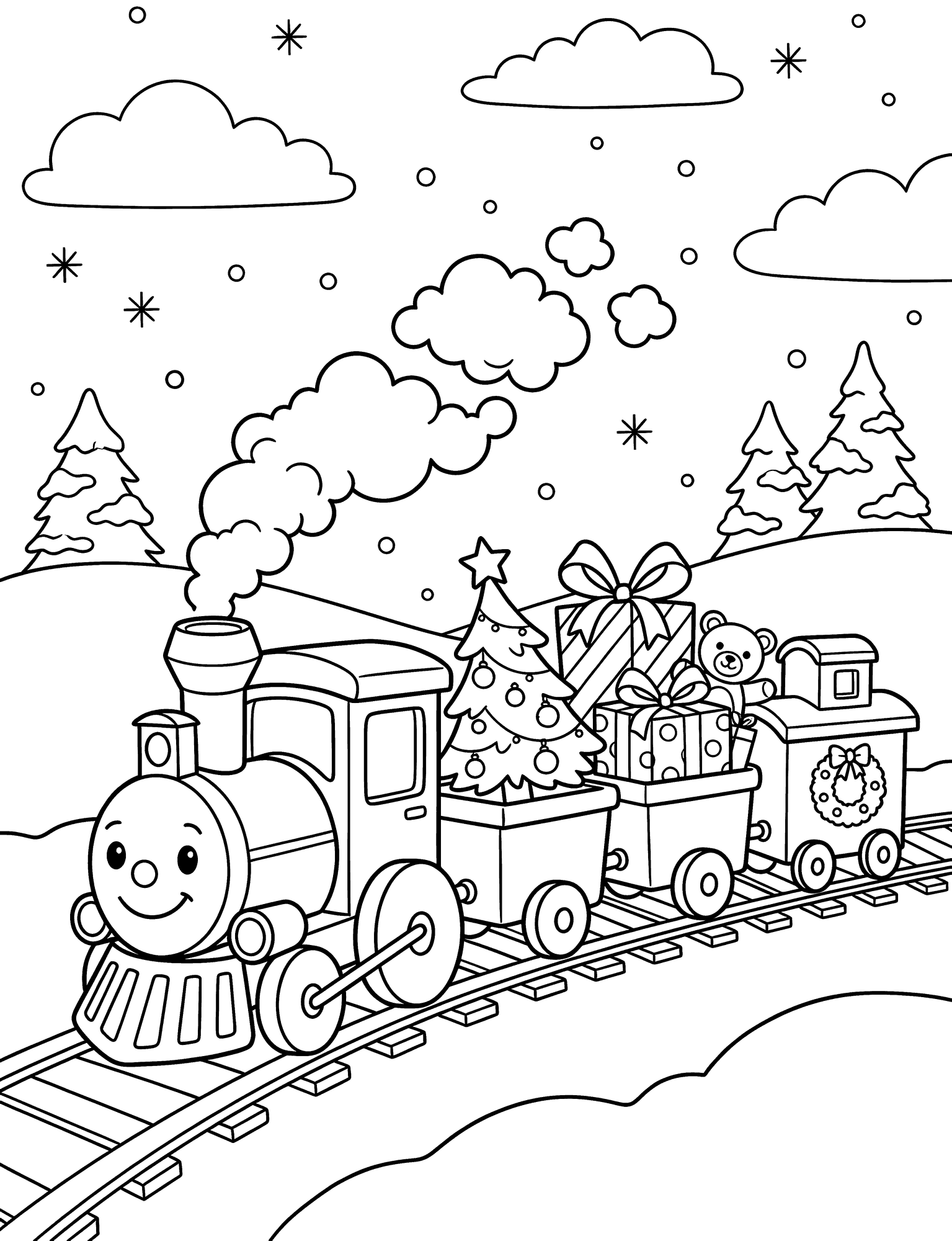 Christmas Train coloring page — a toy Christmas train carrying presents and a small tree