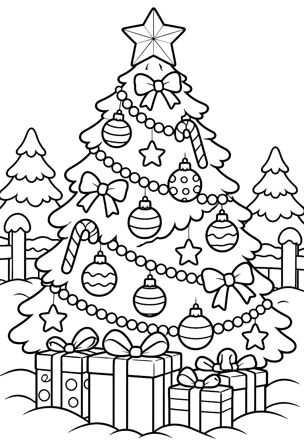 Christmas Tree coloring page — a decorated Christmas tree with a star, ornaments and presents