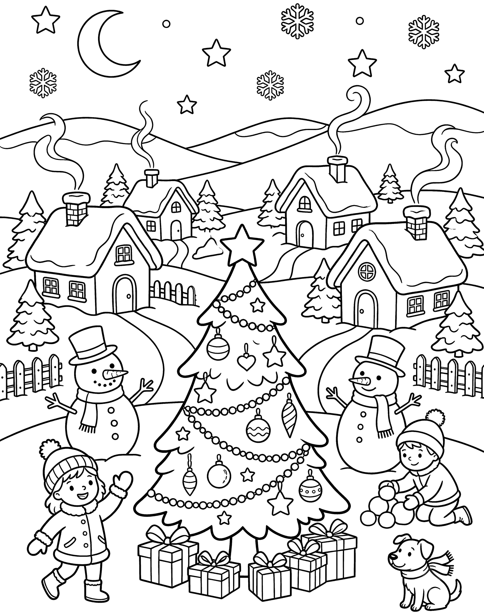 Christmas Village coloring page — a snowy Christmas village with little houses and a decorated tree