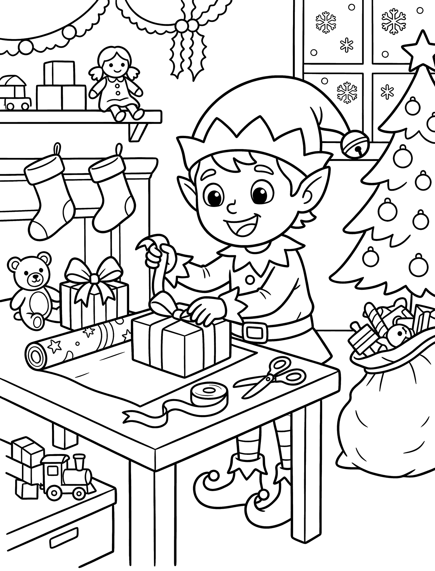 Christmas Elf coloring page — a cheerful Christmas elf wrapping presents in Santa's workshop