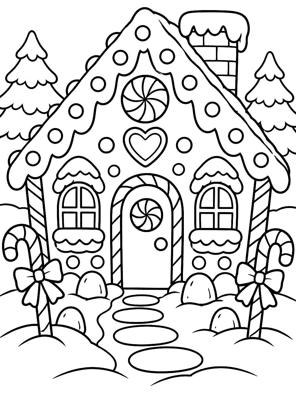 Gingerbread House coloring page — a gingerbread house with candy decorations in the snow