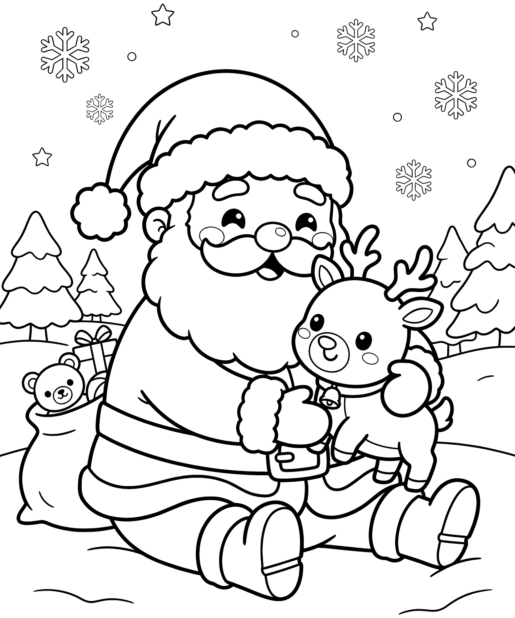 Cute Santa and Reindeer coloring page — a kawaii chubby Santa hugging a baby reindeer