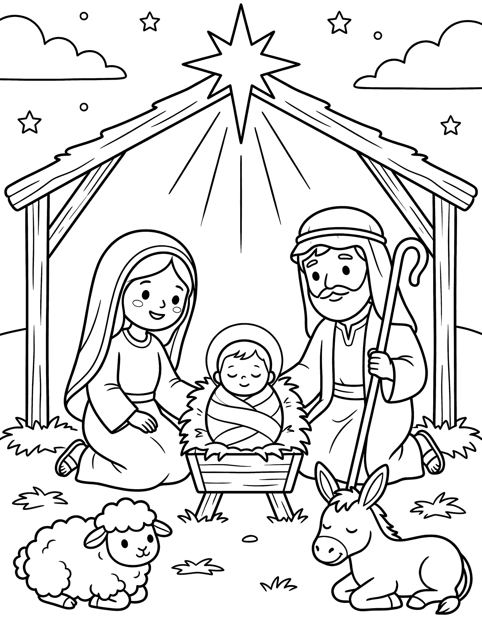 Nativity Scene coloring page — a simple nativity scene with baby Jesus in the manger, Mary, Joseph and a star