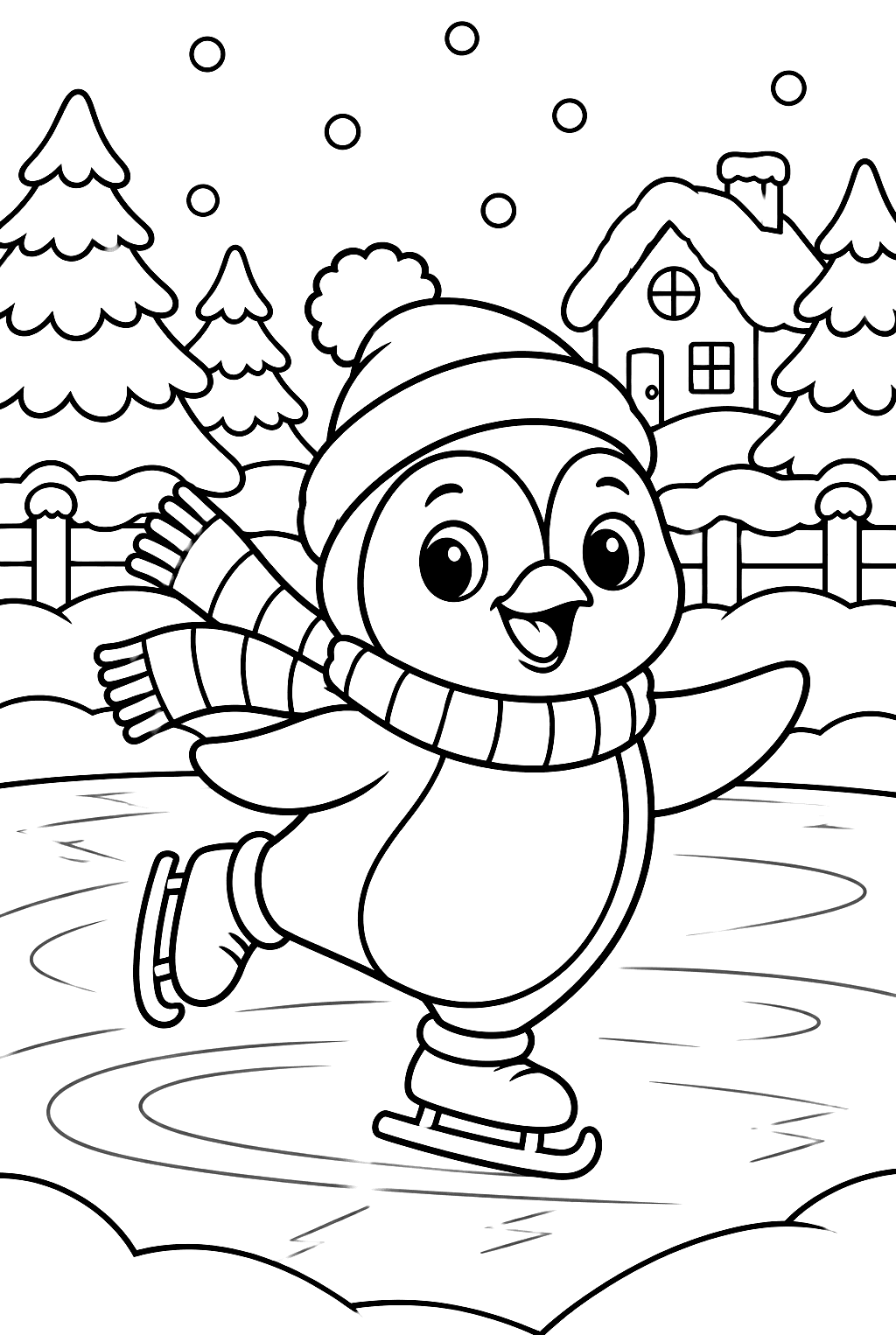 Penguin Ice Skating coloring page — a penguin in a hat and scarf ice skating