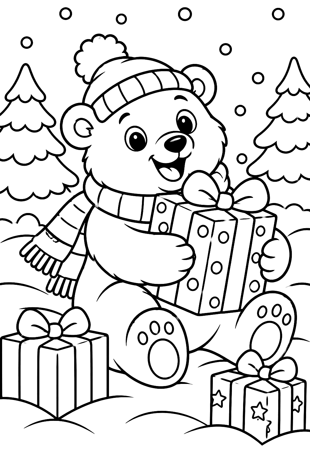 Polar Bear with Gifts coloring page — a polar bear in a hat holding Christmas presents