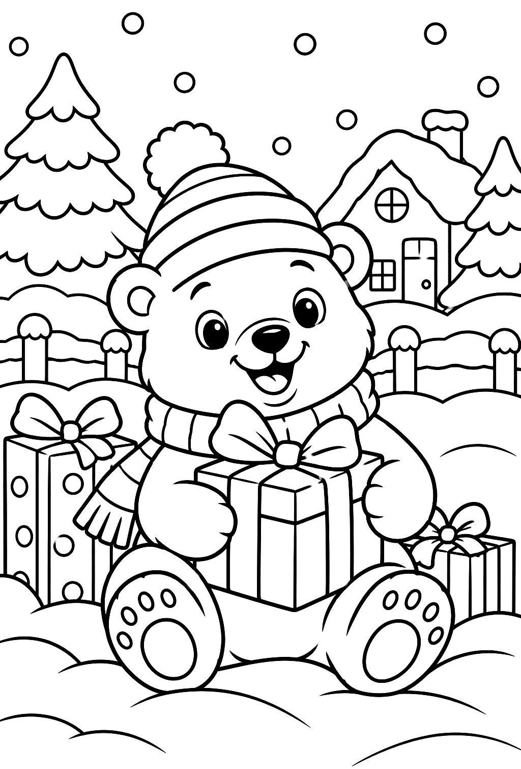 Polar Bear Christmas Surprise coloring page — a polar bear with a gift in a snowy village