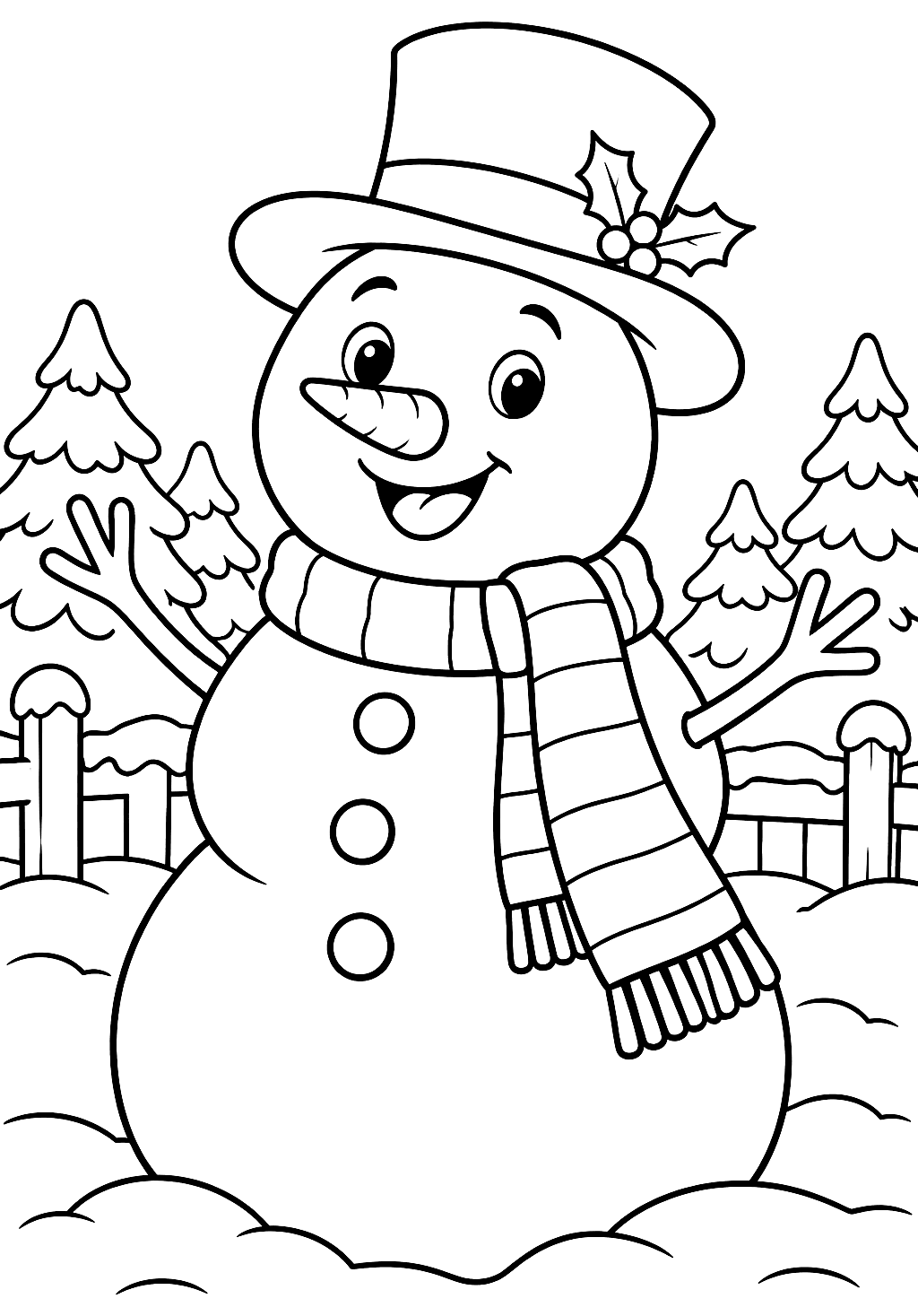 Snowman in the Snow coloring page — a snowman with a top hat in a winter wonderland
