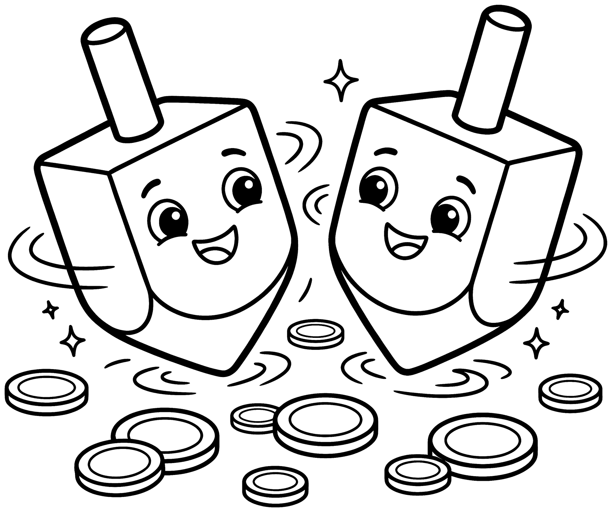 Dreidel coloring page — two spinning dreidels and some coins