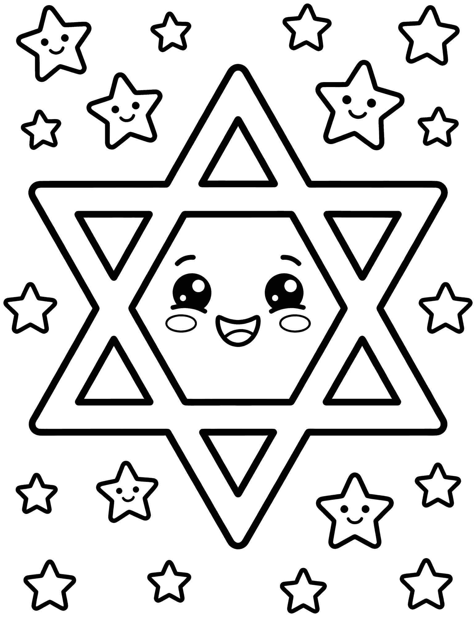 Star of David coloring page — a large Star of David surrounded by small stars