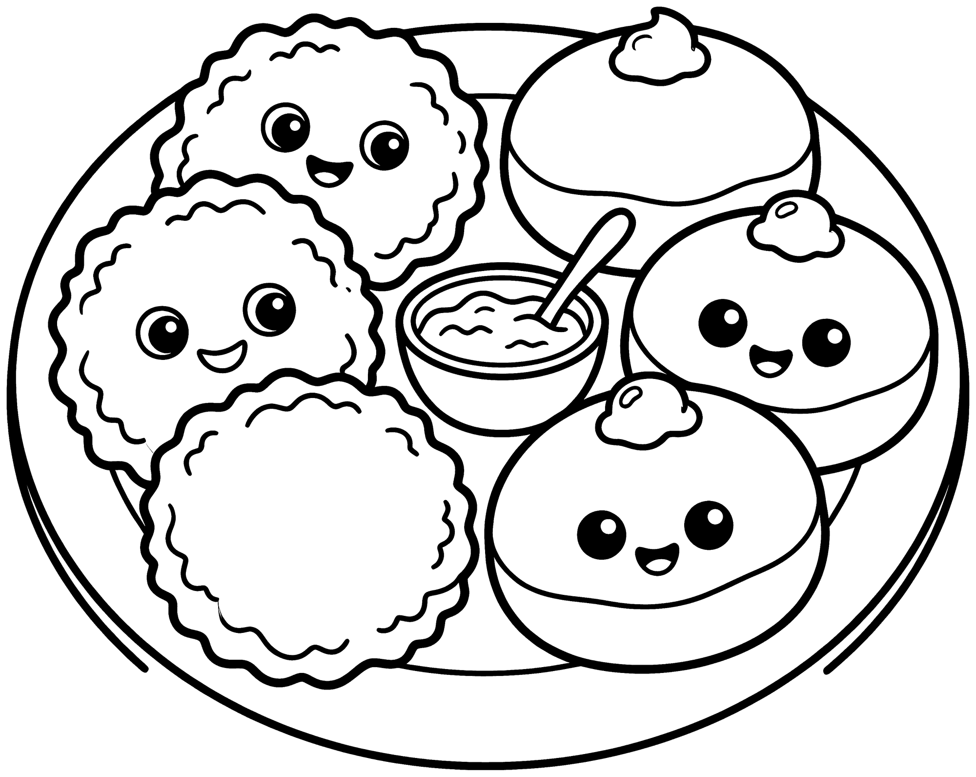 Latkes and Sufganiyot coloring page — a plate of latkes and jelly donuts