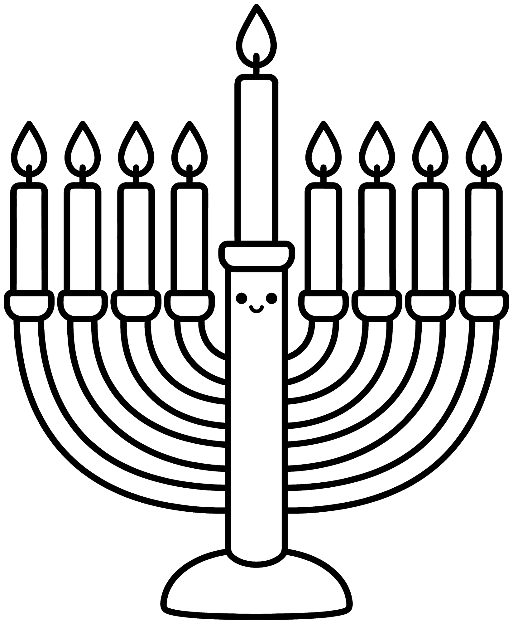 Menorah coloring page — a Hanukkah menorah with nine lit candles