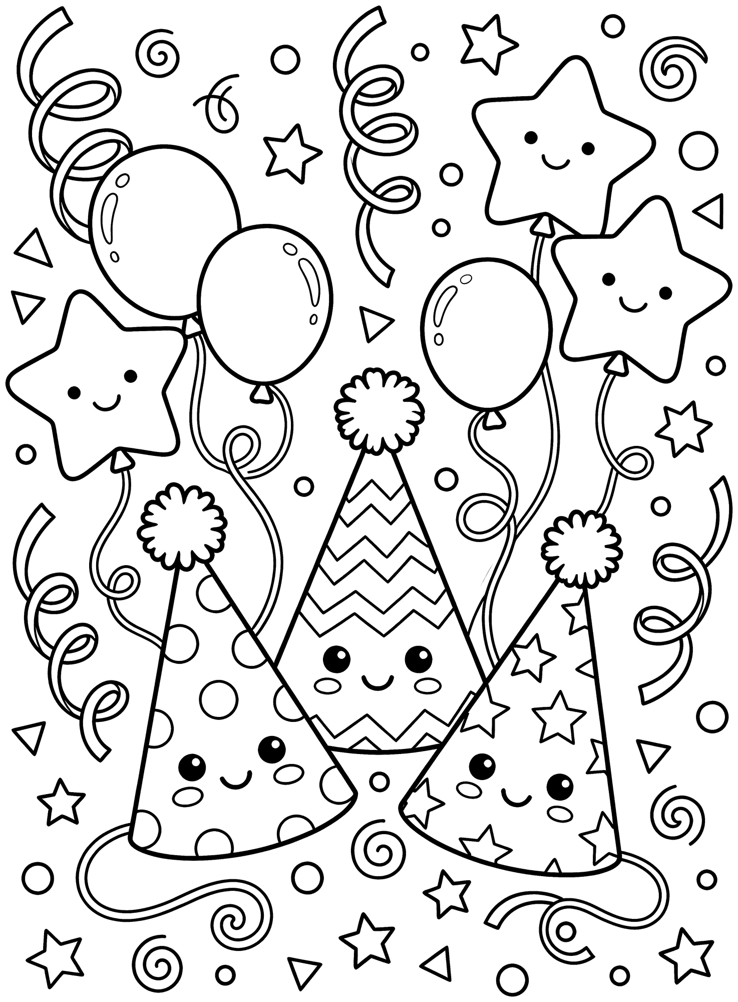 New Year Party coloring page — party hats, balloons, streamers and confetti