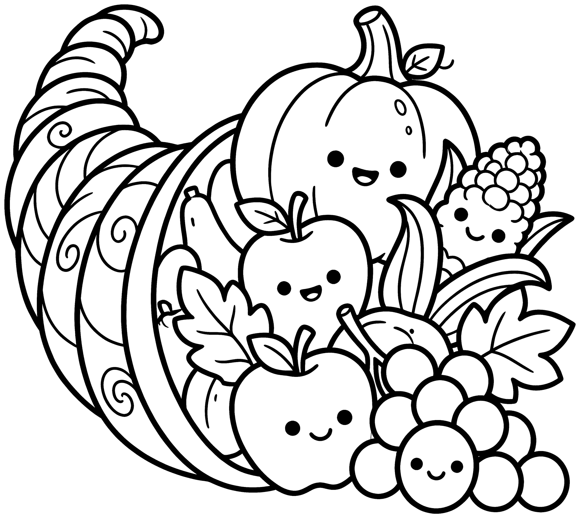 Cornucopia coloring page — a cornucopia overflowing with pumpkins, apples, corn and grapes