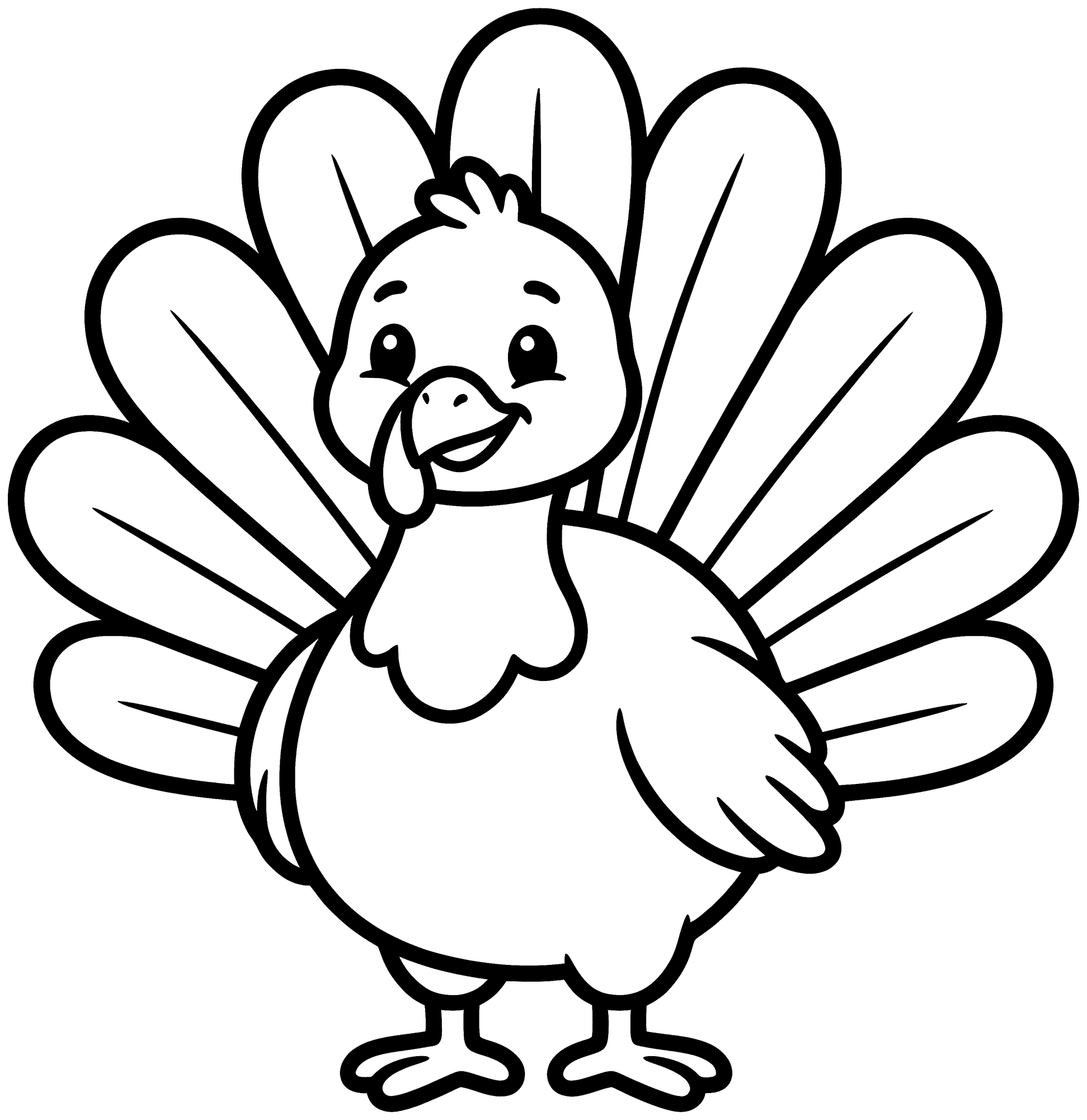 Cute Turkey coloring page — a cute chubby turkey with big tail feathers, smiling