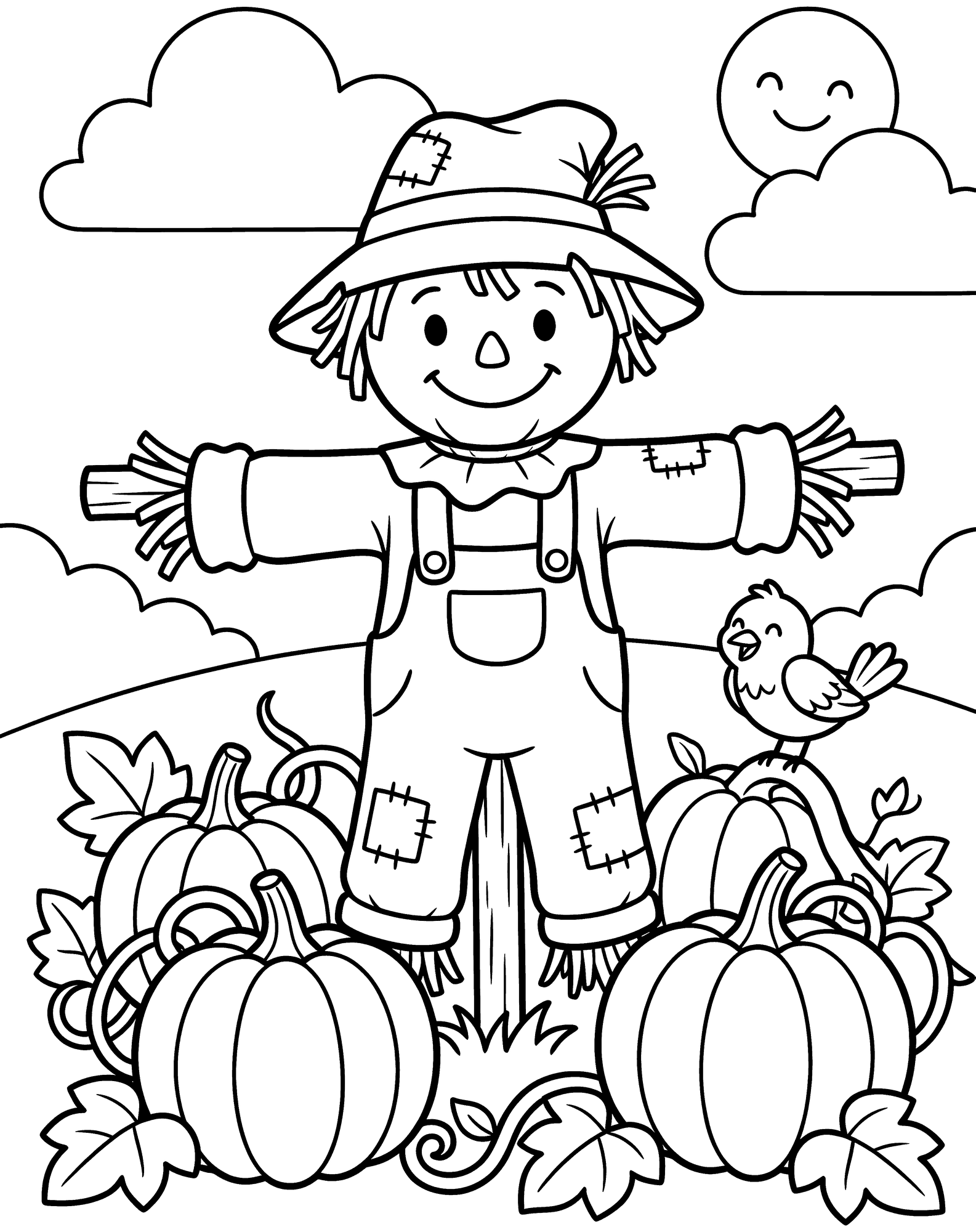 Scarecrow coloring page — a friendly scarecrow standing in a pumpkin patch