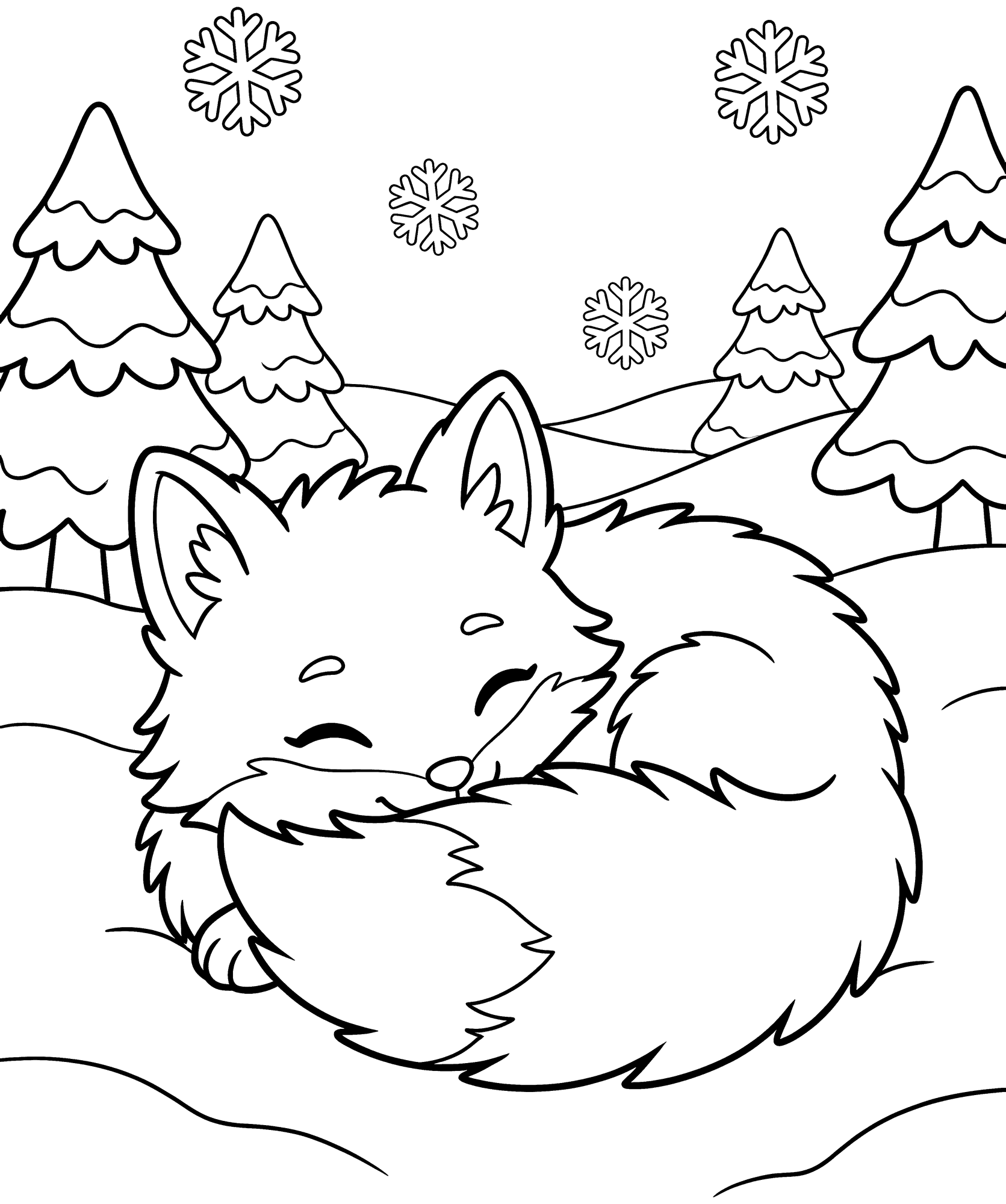 Arctic Fox coloring page — a fluffy arctic fox curled up in the snow