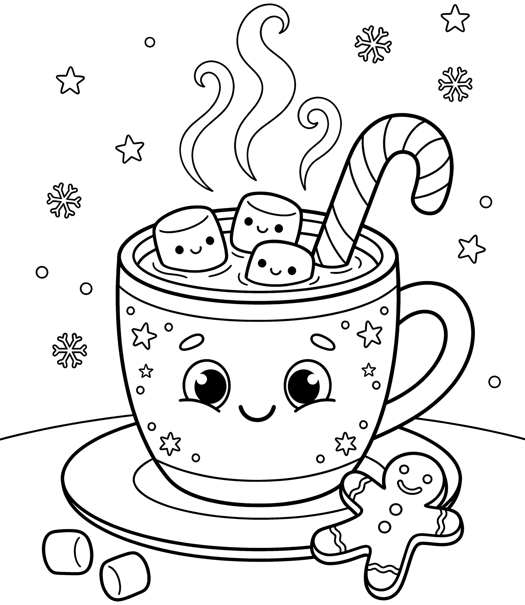 Hot Cocoa coloring page — a mug of hot cocoa with marshmallows and a candy cane
