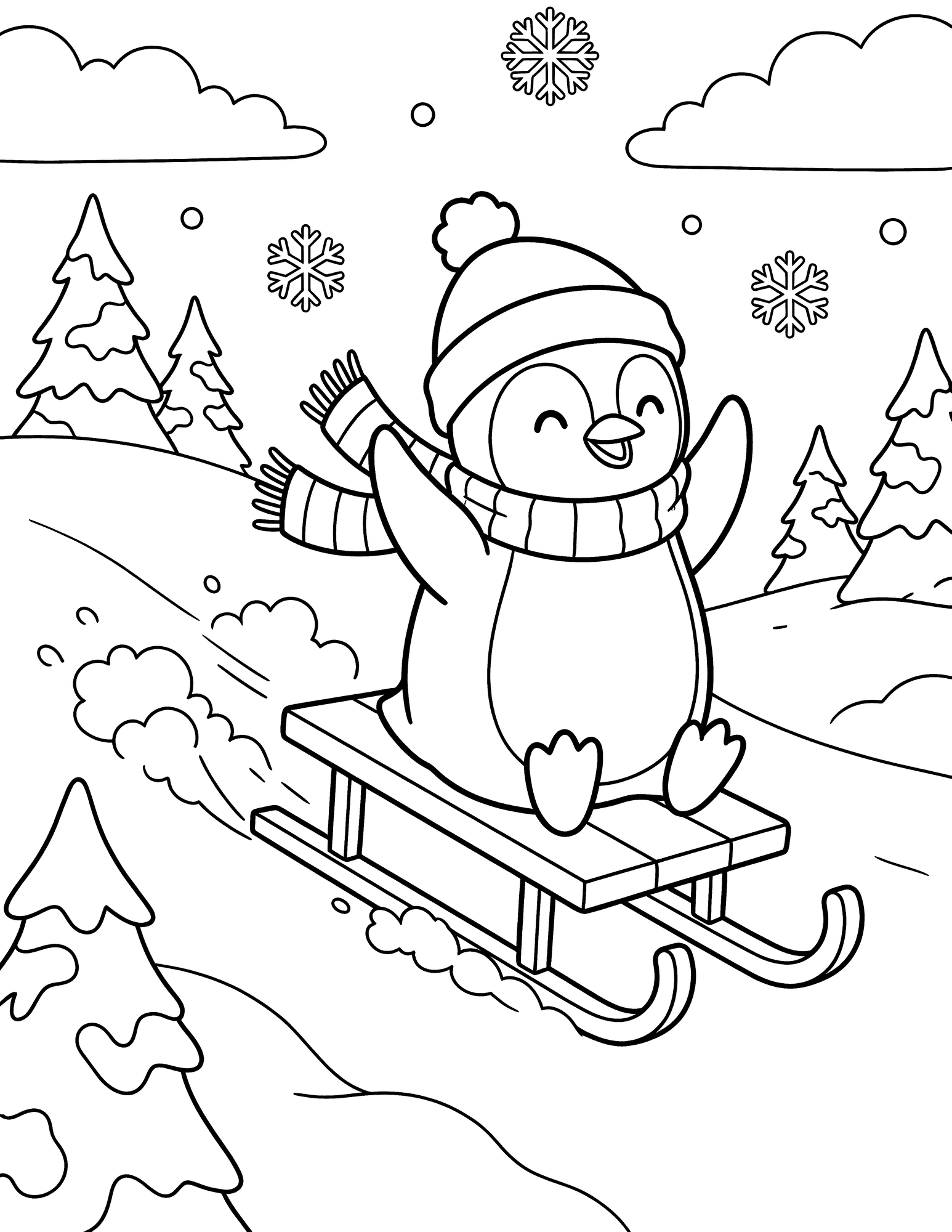Penguin Sledding coloring page — a penguin in a hat sledding down a snowy hill