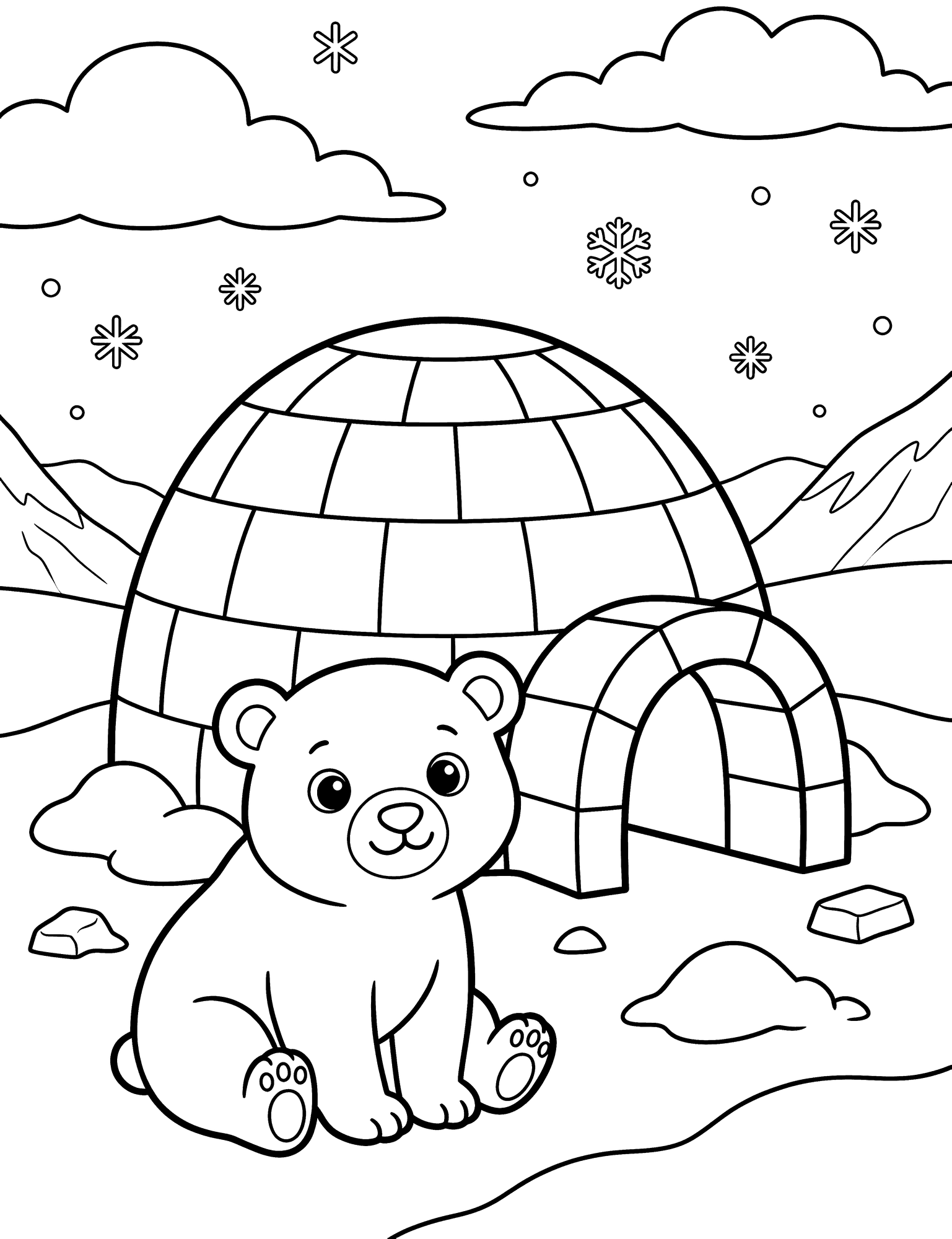 Polar Bear and Igloo coloring page — a polar bear cub sitting in front of an igloo