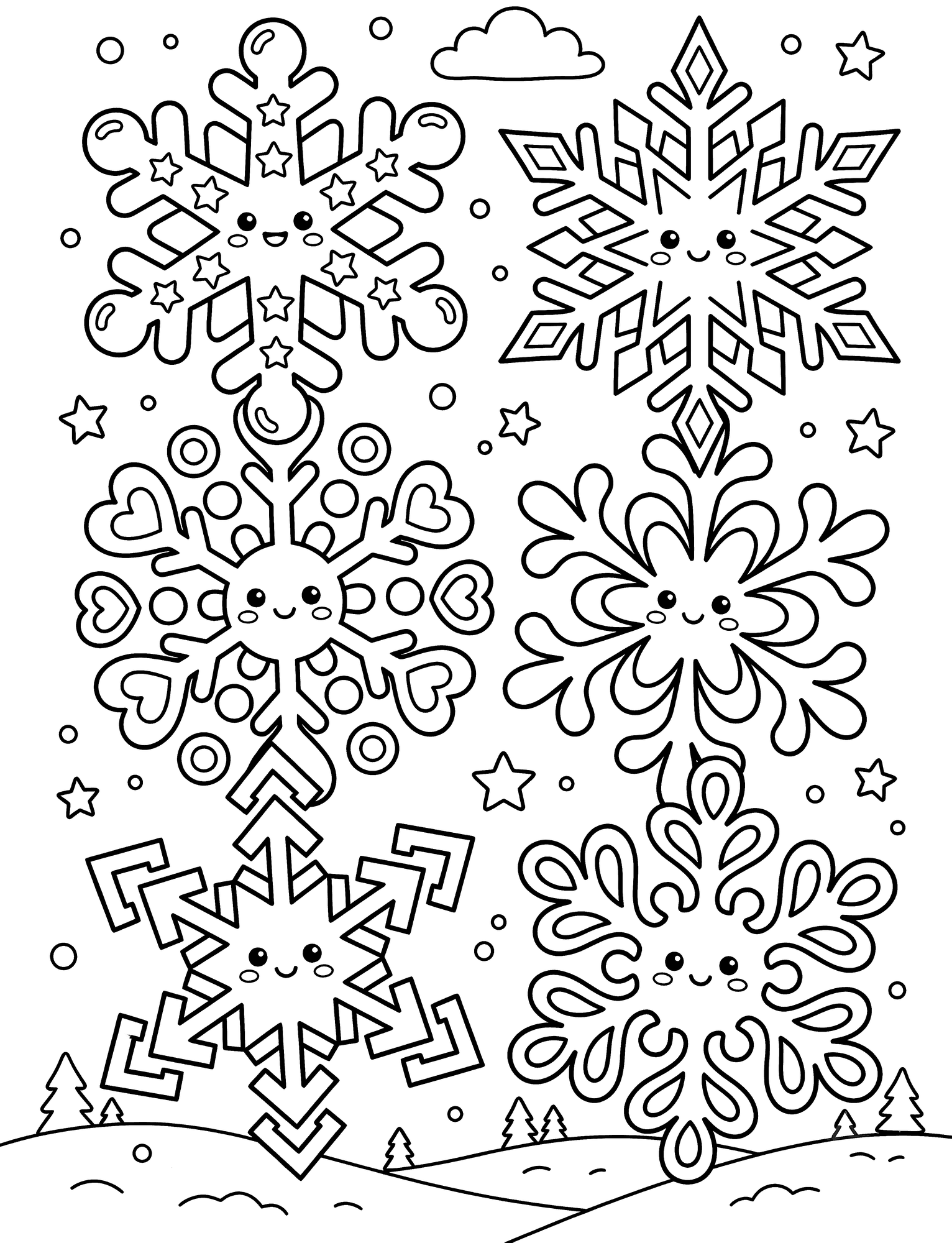 Snowflakes coloring page — six large different snowflakes