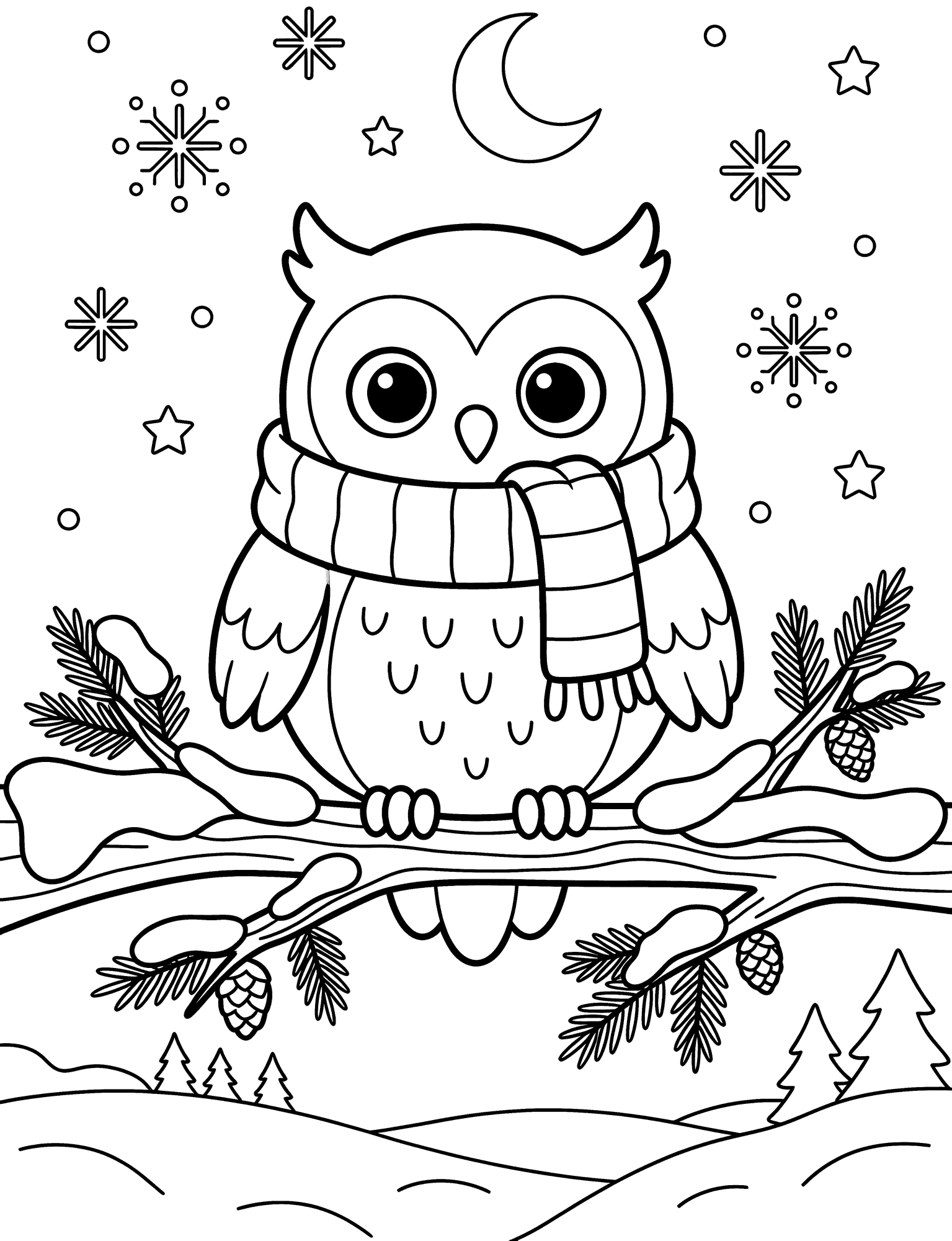 Winter Owl coloring page — a cute owl wearing a scarf on a snowy branch